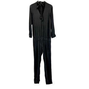 Monrow Long Sleeve Crepe‎ Jumpsuit Tie Neck Jogger Pockets Black Size Medium